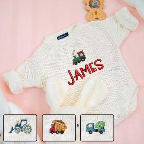 Personalized Baby Name Romper, Custom Embroidered Baby Boy Romper, Trucks Baby Outfit, Newborn Baby Gift, Baby Shower Gift, Chirstmas Gift