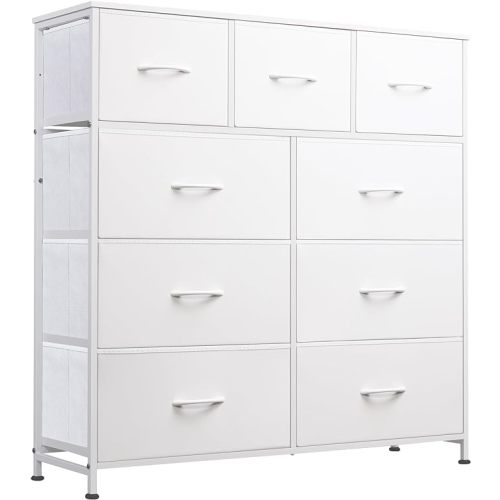 WLIVE 9-Drawer Dresser, Fabric Storage Tower for Bedroom, Hallway, Closet, Tall Chest Organizer Unit for Bedroom with Fabric Bins, Steel Frame, Wood Top, Easy Pull Handle, White
