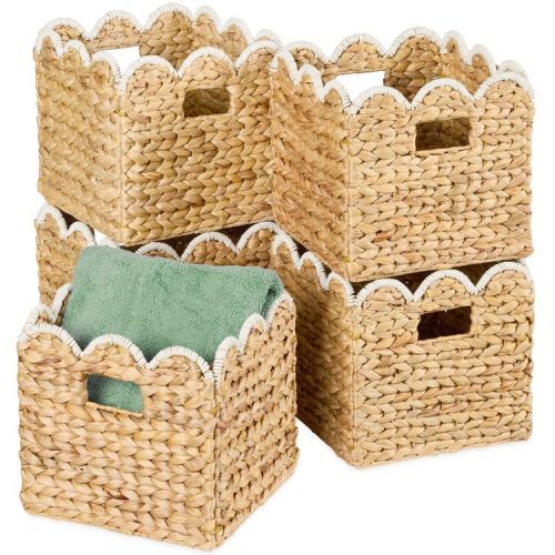 Best Choice Products Scalloped 12 x 12in Hyacinth Storage Basket Set of 5 - Natural with White Trim