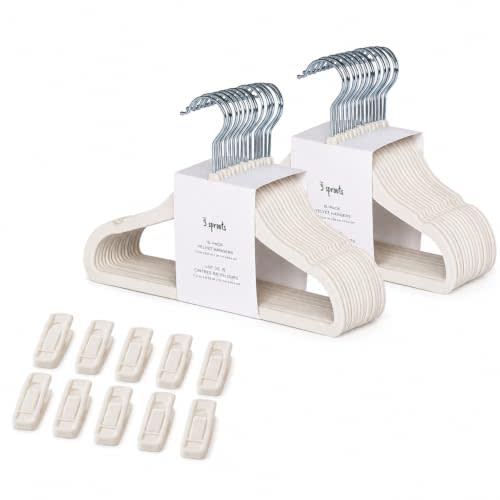 3 Sprouts Velvet Baby Hangers, Non Slip Slim, Cream, 30 Pack with 10 Clips | Non-slip velvet, Notched shoulders, 360-degree swivel hook, 11.75 x 8 in, Infant and toddler clothes, Soft colors for nursery