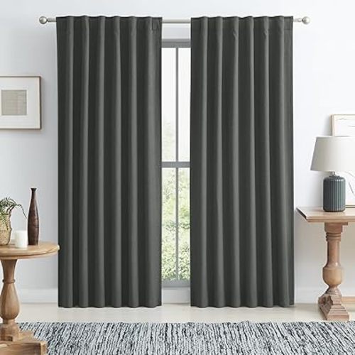 KEQIAOSUOCAI Blackout Curtains Grey, Full Shade Complete Light Blocking Drapes 90 Inches Long, Heat Saving Energy Efficient Sound Deadening Drapes Back Tab Hook Belt(Dark Gray, W50 x L90,2 Panels)