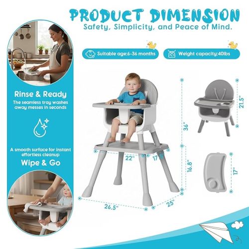 6 in 1 Baby High Chair, Convertible Highchair for Babies and Toddlers (Grey)
