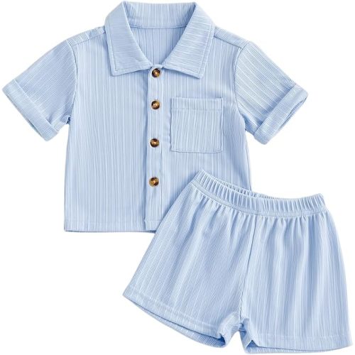 fhutpw Baby Boy Clothes Toddler Infant Leisure Ribbed Button Down Shirt Tops + Shorts Set 2PCS Summer Soft and Smooth Outfit
