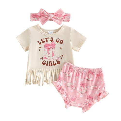 Western Baby Girl Clothes Summer Short Sleeve Letter Tassel T Shirt Romper Bloomer Shorts Set Infant Country Outfit