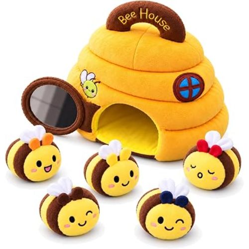 Montessori Beehive Toy with 5 Sensory Bees, Rattle, Crinkle & Hide-and-Seek