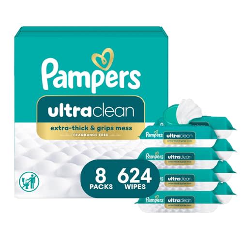 Pampers Ultraclean Baby Wipes, Unscented, Fragrance Free, Water Based, Hypoallergenic, Extra Thick & Grips Mess, 100% Plant Based, 624 Wipes Total (8X Flip-Top Packs)