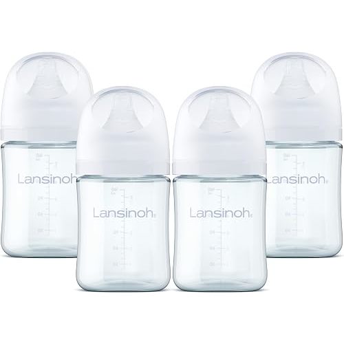 Lansinoh Glass Baby Bottles, Anti-Colic, White, 5oz, 4 Count, with Slow Flow Nipples (Size S, 1-3 Months), Baby Feeding Essentials
