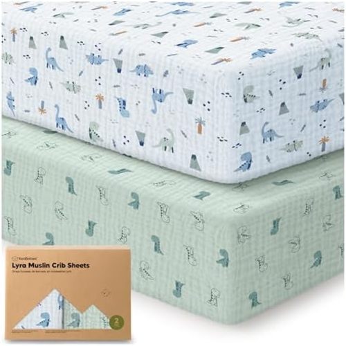 KeaBabies 2-Pack Muslin Crib Sheets for Boy, Girl, 52x28 Fitted (Dino Park)
