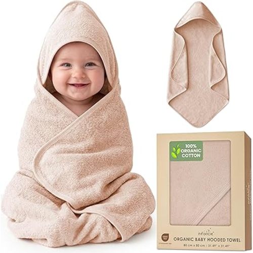 100% Organic Cotton Plush Woven Hooded Baby Bath Towels - Soft and Absorbent 31x31 Inches for Newborns and Kids, Baby Bath & Hooded Towels, Premium Infant Towels (Sand)