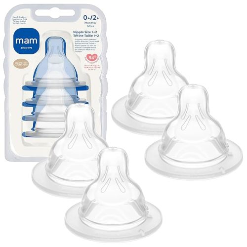 MAM Baby Bottle Nipple Mixed Flow Pack, Slow Size 1 and Medium Flow Size 2 for Newborns 0+ Months, Skin Soft BPA Free Silicone, 94% Nipple Acceptance, Fits All MAM Bottles, 4 Pack, Made in Europe