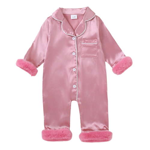 Zaveiop Newborn Baby Girl Boy Silk Satin Pajamas Rompers Kids Long Sleeve Button Down Pjs Infant One Piece Jumpsuit Loungewear Sleepwear (3-6 Months, Pink)