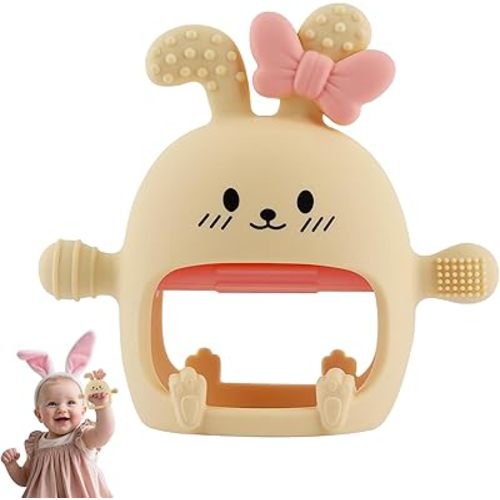 Chuya Bunny Teether Toys,Bunny Teething Mittens for 0-12 12-24 Months Baby Infant Textured BPA-Free Silicone Chew Toys Soothe Sore Gums