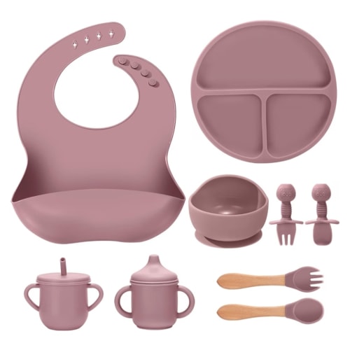 Silicone Baby Feeding Set 9 Pcs, Spill-Proof Suction Plate, Bowl, Bib, Silicone spoon&forks, Wooden Spoons&forks, Training cup with straw and Sippy Cup, Baby Eating Utensils (Green)