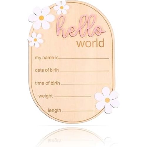 Baby Announcement Sign, Wooden Hello World Newborn Welcome Sign Personalized Birth Announcement Board for Baby Name Gender Neutral Nursery & Hospital Photo Props Keepsake Gift (Pink Letter)
