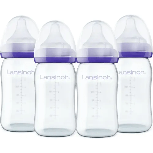 Lansinoh Anti-Colic Glass Baby Bottles, 5 Ounces, 4 Count Bottles for Feeding, Baby Essentials, Includes 4 Slow Flow Nipples, Size S