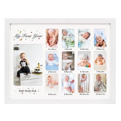 Baby First Years Photo Frames 12 Month Picture Frame 12 * 16 for Holds (1) 5x7 & (12) 2x3 Wallet Size Photos White