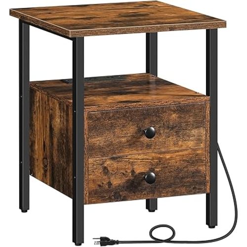 HOOBRO End Table with Charging Station, Bedside Table with 2 Drawer & USB Port & Type-C Port, Nightstand for Small Spaces, Stable and Sturdy, for Living Room, Rustic Brown BF43UBZ01