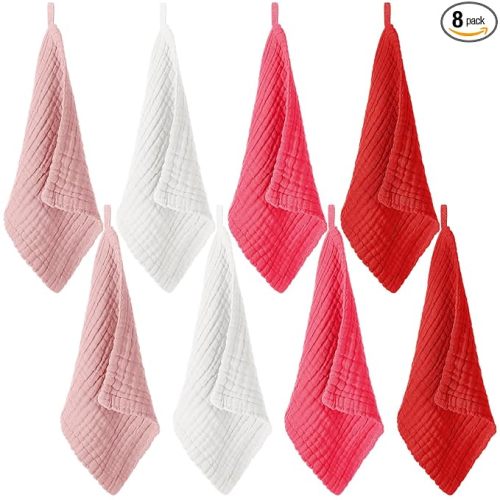 SmoothNovelty 8 Pcs Baby Washcloths for Newborn 12 x 12 Inch Muslin Face Towels Cotton Absorbent for Delicate Skin Soft Muslin Cloth Reusable Baby Registry as Shower Gift, 4 Colors(Rose Red)