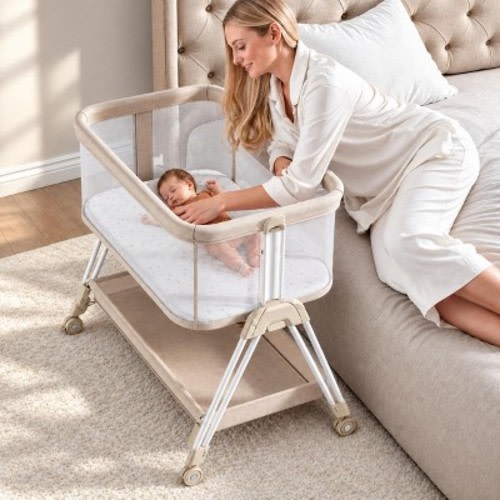 Fodoss Baby Bassinet Bedside Sleeper with Wheels & Storage Tray, Portable Crib for Newborns