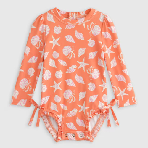 Long Sleeve Tie One-Piece Swimsuit - Baby in Shells