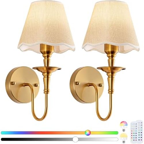 EIDISUNY Battery Operated Wall Sconces Set of 2, Rattan Wall Sconce with RGB Rechargeable Dimmable Bulbs, Brass-Color Wireless Wall Sconce with Remote for Bedroom, Living Room, Hallway