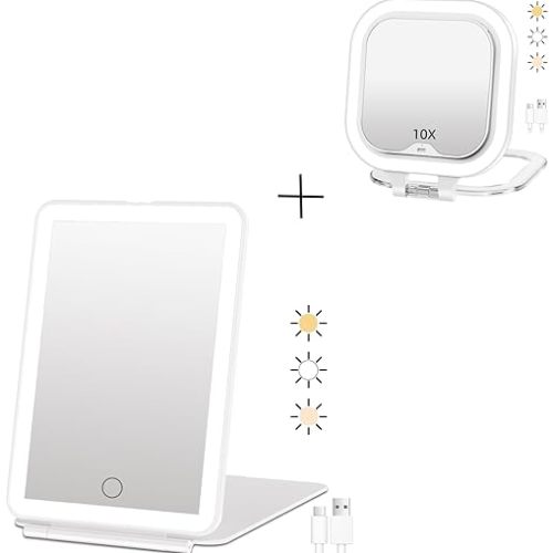 FUNTOUCH Rechargeable Travel Makeup Mirror and Rechargeable 1X10X Magnifying Compact Mirror with Lights