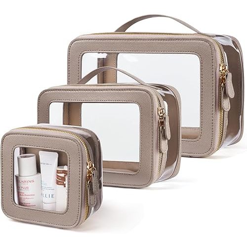 Clear Bag with Handle, 3 Pcs Travel Toiletry Bag Transparent Cosmetic Case Portable Make Up Organizer Bag for Essentials (Stone, Mini+S+L)