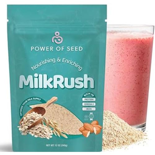 Milkrush Lactation Support for Breastfeeding - Oats Seeds & Almond Lactation Drink Mix - Milk Booster for Breastfeeding Superfood Mix with Omega 3, Iron & Calcium - Kosher Certified - 12oz Bag