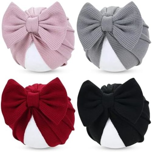 Cinaci 4 Pieces Baby Girls Turban Hats with Bow Newborn Hospital Caps Bonnets Beanies Headwraps for Infants Toddlers