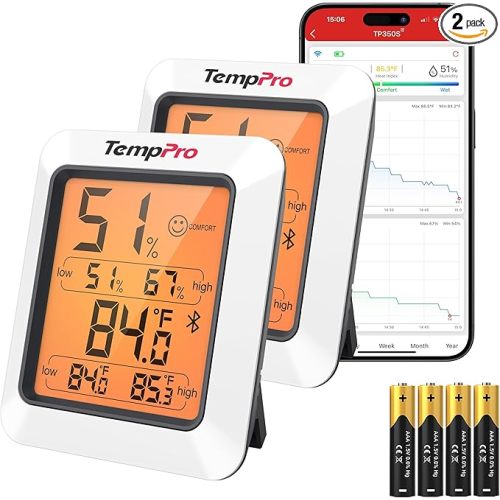 TempPro Hygrometer Thermometer for House, Bluetooth Room Indoor Greenhouse Thermometer Monitor Up to 260FT, Backlit Humidity Meter Temperature Sensor with 2-Year Data Export,2 PS(Previously ThermoPro)