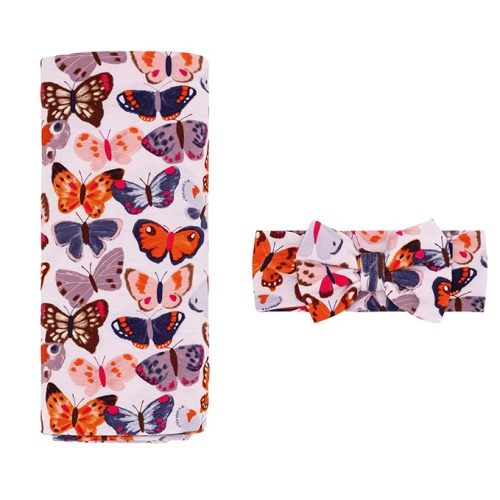 Little Sleepies Swaddle & Headband Bow Set, Viscose from Bamboo Baby Swaddles, Newborn Baby Girl Clothes (Butterfly Kisses)