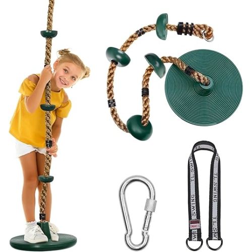 DECORLIFE Tree Swing for Kids, Adjustable Rope Swing Disc Swing for Outside with Platform Carabiners and Strap Outdoor, Playground Accessories, Green