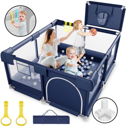 HioHa Baby Playpen, Big Playard with Basketball Hoop, Portable Play Yard Baby Fences with Storage Bag for Infant Toddler
