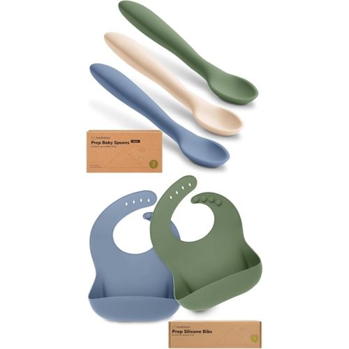 KeaBabies 3-Pack Silicone Baby Spoons and 2-Pack Baby Silicone Bibs - Toddler First Food Training Spoon - Waterproof, Easy Wipe Bib for Boys, Girls, Toddlers