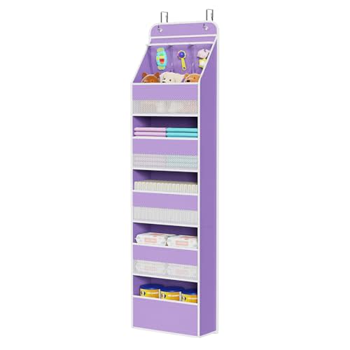 Univivi Fabric Over the Door Organizer for Baby Nursery, Purple, 6-Shelf | Door Storage with Large Capacity Breathable Mesh Pockets, Over Door Hanging Organizer for Baby Essential, Bedroom, and Dorm
