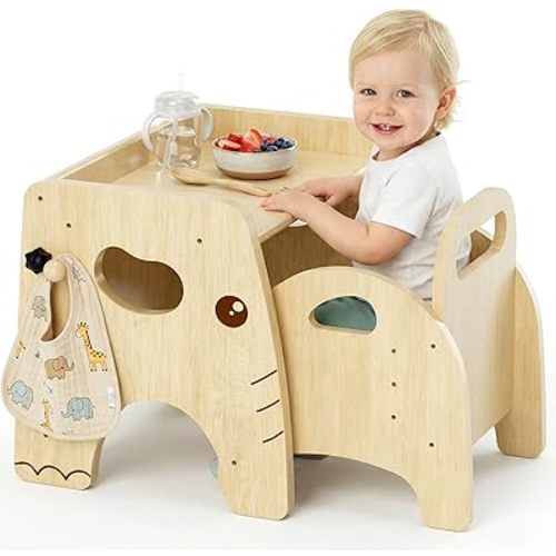 Lehoo Castle Montessori Weaning Table and Chair Set for Toddler Age 1-3, Adjustable Height Wooden Baby Activity Furniture for Self-Feeding, Drawing, Learning and Play
