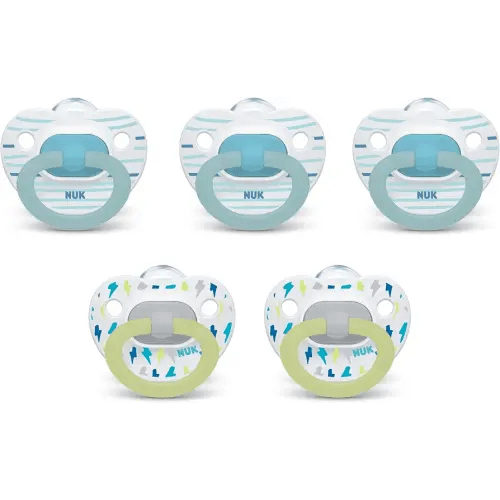 NUK First Choice Classic Orthodontic Baby Pacifier, 6-18 Months Baby Pacifier, Assorted Colors, Baby Must Haves, 5-pack