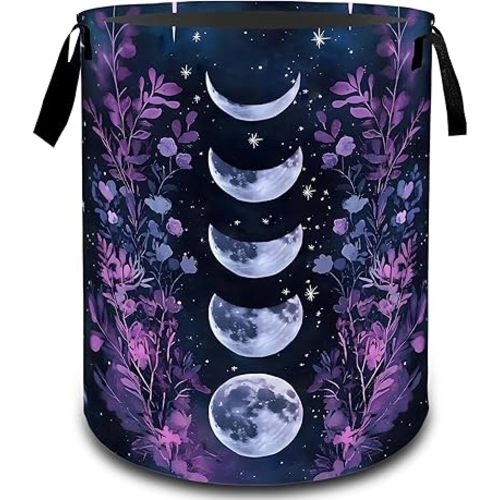 Moon Phase Floral with Starry Sky Laundry Basket, Dirty Collapsible Clothes Toy Organizer Hamper for Kids Adults, Oxford Cloth Waterproof Storage Bin for Room Bathroom Decor Gifts, 19.7"X15.7"
