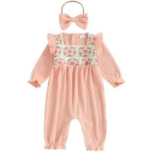 Emmababy Baby Girl Crochet Romper Long Sleeve Floral Jumpsuit Crochet Flower Bubble Romper Headband Set Newborn Fall Clothes