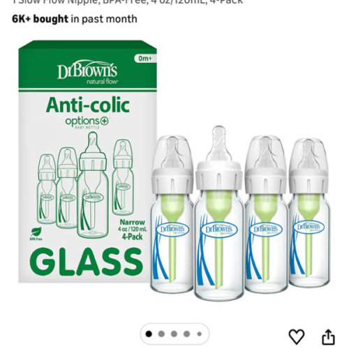 Dr. Brown's Anti-Colic Options+ Narrow Glass Baby Bottle with Level 1 Slow Flow Nipple, BPA-Free, 4 oz/120mL, 4-Pack