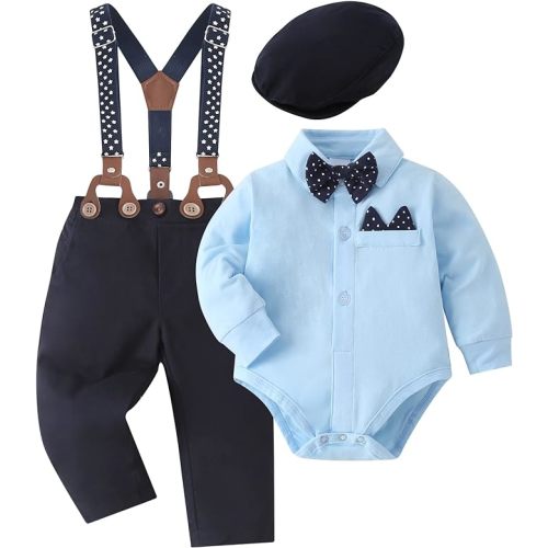 Baby Boy Clothes Set Infant Tuxedo Long Sleeve Gentleman Suit Outfits + Beret Hat + Suspender Pants + Bowtie 0-18M