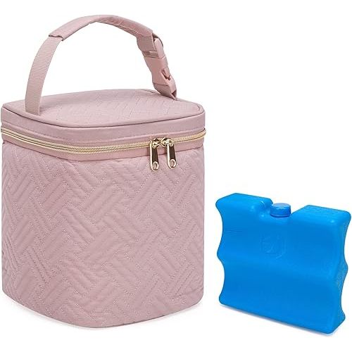 Fasrom Breastmilk Cooler Bag with Ice Pack Fits 4 Large Baby Bottles up to 9 Ounce, Insulated Baby Bottle Bag for Nursing Moms Daycare or Travel, Easily Attaches to Stroller, Pink (Patent Design)