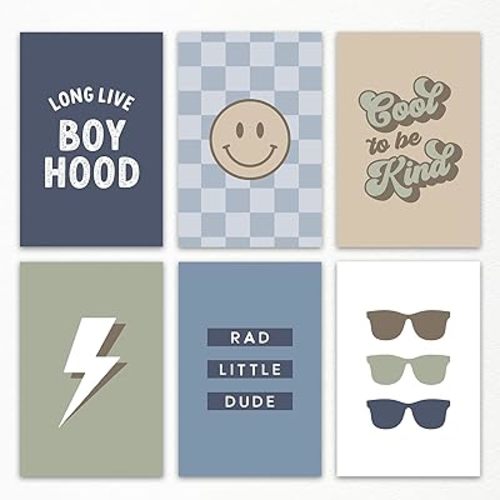 Blue Boys Nursery Canvas Wall Art, Set of 6 Nursery Pictures for Kids, Long Live Boy Hood Cool To Be Kind Quote Poster, Smile Face Glasses Lightning Picture for Toddler Playroom 8x12in Unframed