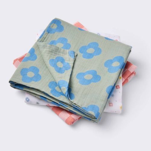 Muslin Swaddle Baby Blankets - Playtime - 3pk - Cloud Island™: Cotton, Floral Theme, 47" x 47"