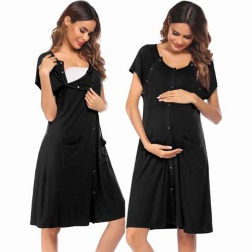 Ekouaer 3 in 1 Labor/Delivery/Hospital Gown Nursing Dress Maternity Nightgown Sleepwear for Breastfeeding with Button A black XL