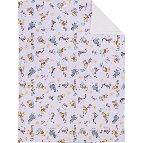 NoJo Disney Winnie The Pooh So Loved Yellow, Aqua, and White Deluxe Reversible Super Soft Baby Blanket