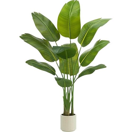 Artificial Bird of Paradise Plant：5FT Fake Traveler’s Palm Faux Banana Tree Elephant Ear Leaf Tall Silk Floor Plant in White Pot for Home Decor Indoor Office Entryway Balcony Patio café Hotel