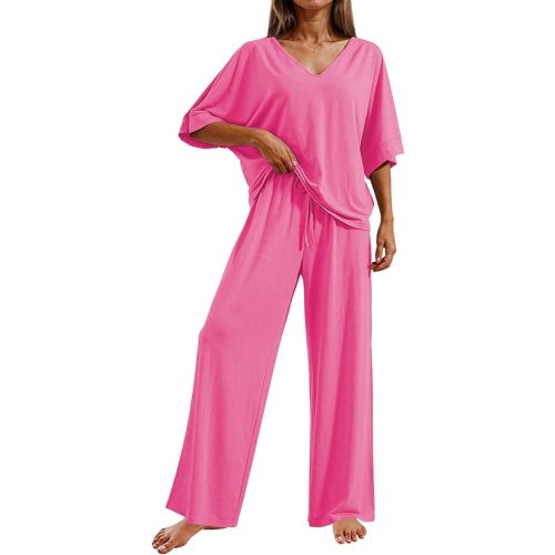 Ekouaer Pajama Sets for Women 2 Piece Lounge Set Short Sleeve Tops and Long Pants Soft Comfy Pjs Sleepwear Outfits S-XXL