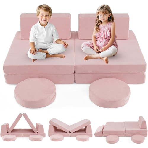 INFANS Modular Kids Play Couch, 6 PCS Toddler Creative Sectional Fort Building Sofa for Playroom, Bedroom, Children Convertible Soft Foam Furniture Playset and Floor Cushion for Boys and Girls