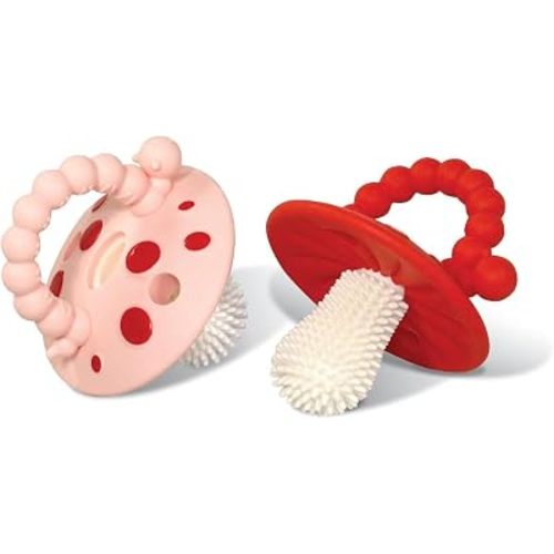 RaZbaby Soft Silicone Infant & Baby 3M+ Teether Toy Massaging Bristles Teething Relief Pacifier - Soothes Sore Gums - Hands-Free & Easy-to-Hold Chompy Teether, BPA Free (Blush/Red)